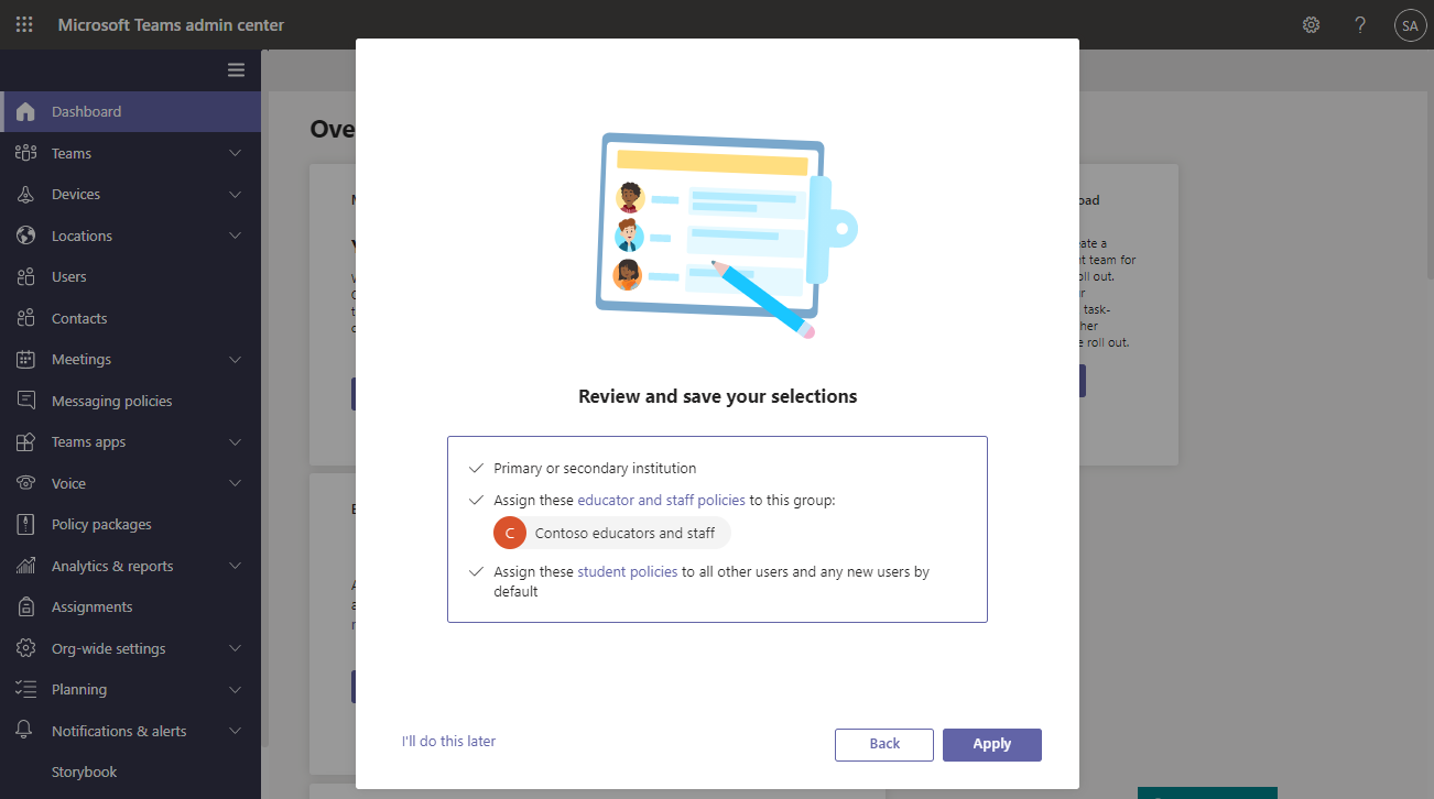 Screenshot of page in wizard to review selections